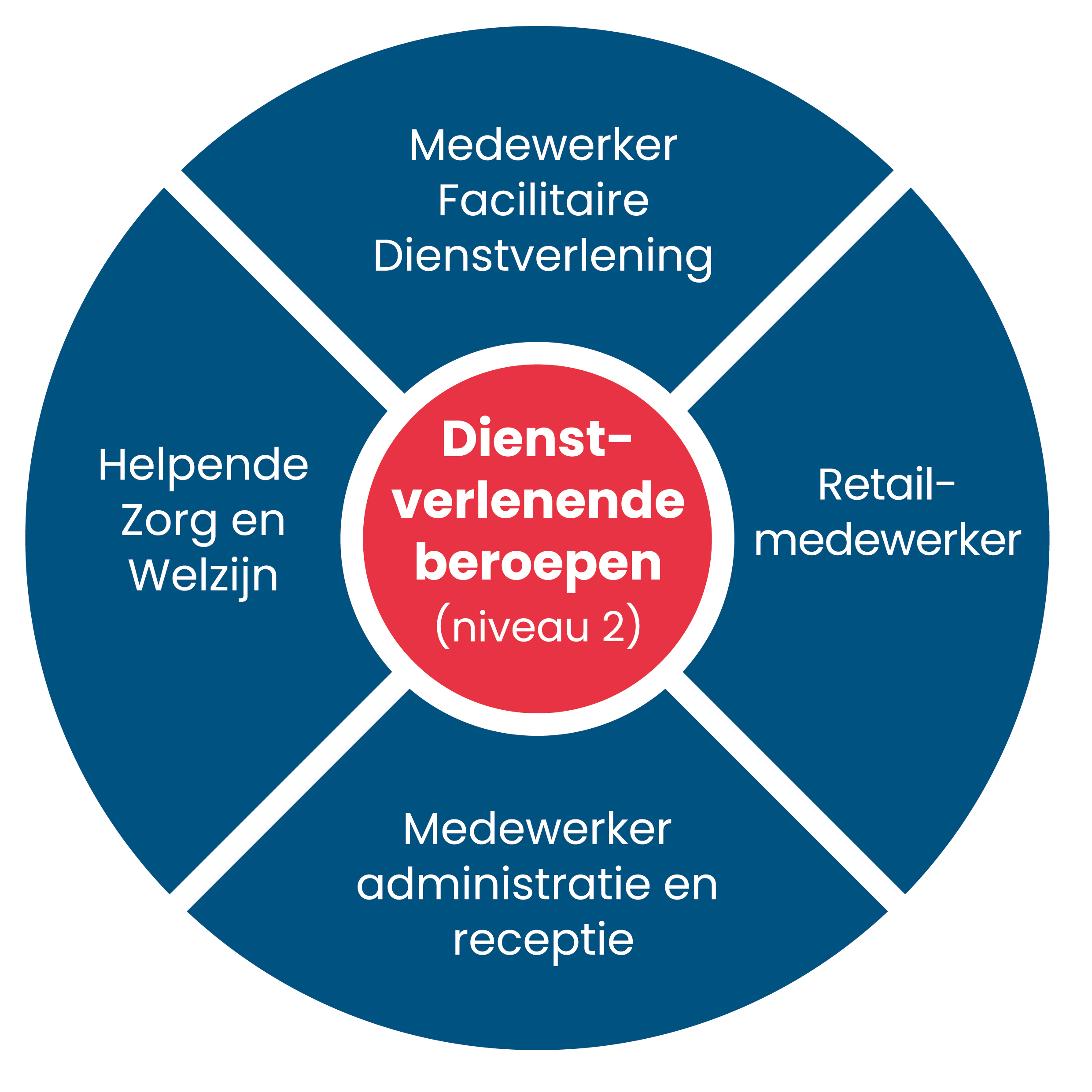 Tekening van een cirkel met rode en blauwe kleuren en dienstverlenende beroepen genoemd uit Hoogeveen