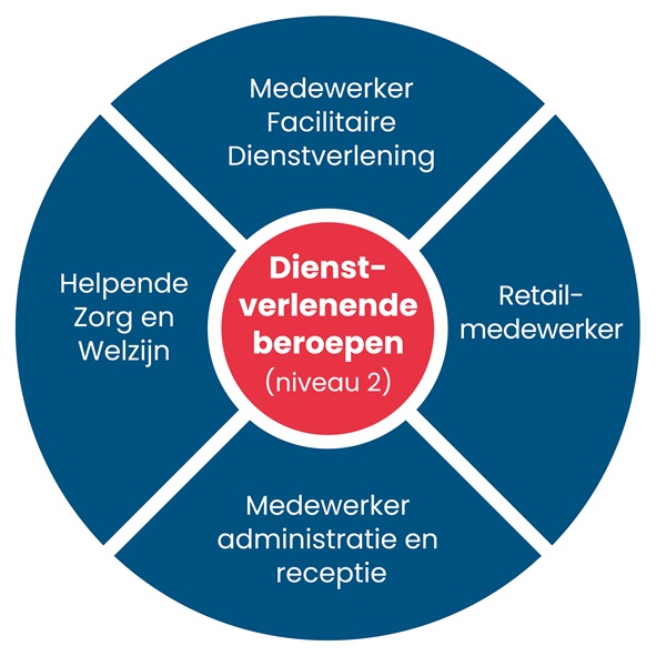 Tekening van een cirkel met rode en blauwe kleuren en dienstverlenende beroepen genoemd uit Hoogeveen